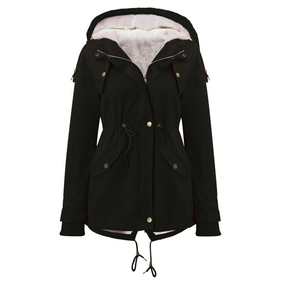 gakvbuo Faux Hooded Jacket For Women Hooded Thicken Fleece Lined Parkas Drawstring Waist Plus Size Coats Solid Long Sleeve Winter Outdoor Zip Up Jackets With Pockets