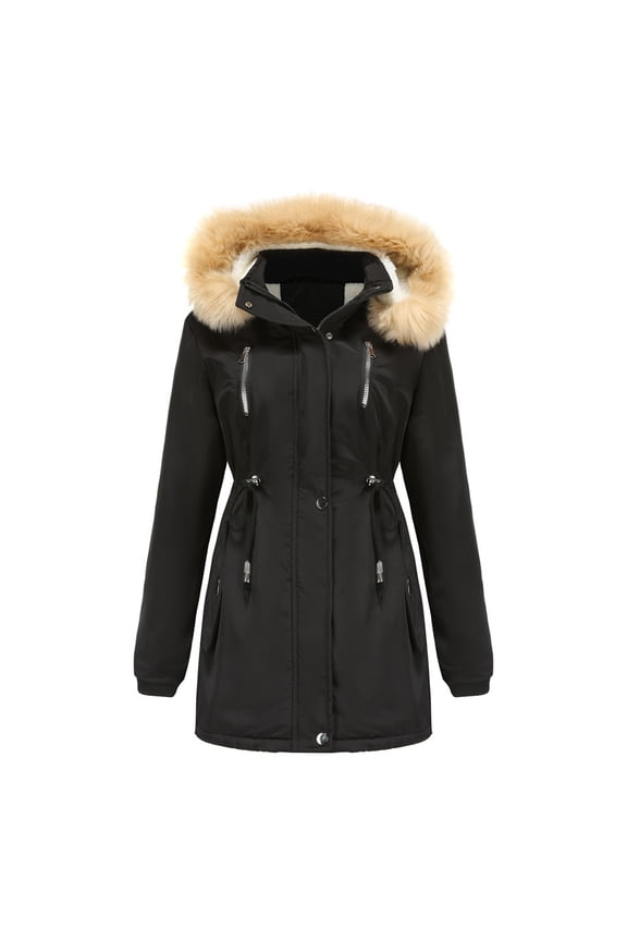 Faux Fur Hooded Jacket For Women Hooded Thicken Fleece Lined Parkas Drawstring Waist Plus Size Coats Solid Long Sleeve Winter Outdoor Zip Up Jackets With Pockets