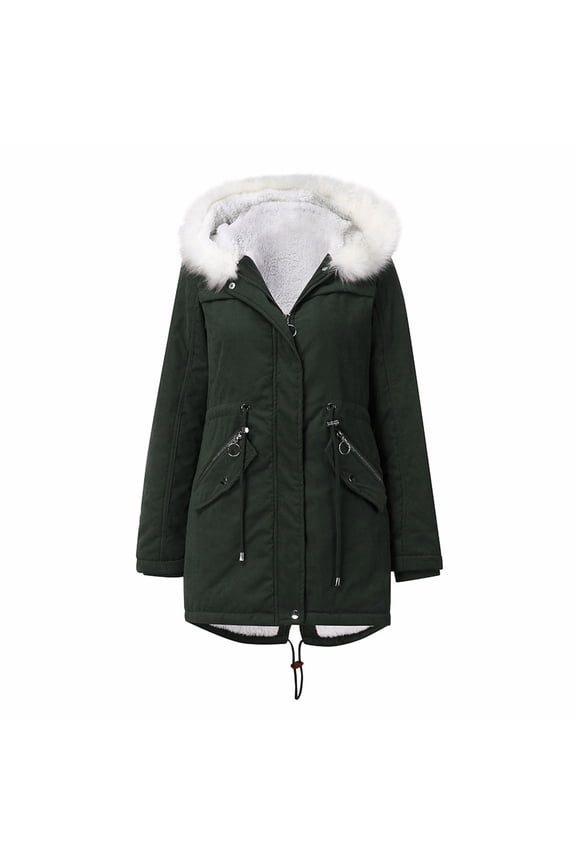 Faux Fur Hooded Jacket For Women Hooded Thicken Fleece Lined Parkas Drawstring Waist Plus Size Coats Solid Long Sleeve Winter Outdoor Zip Up Jackets With Pockets