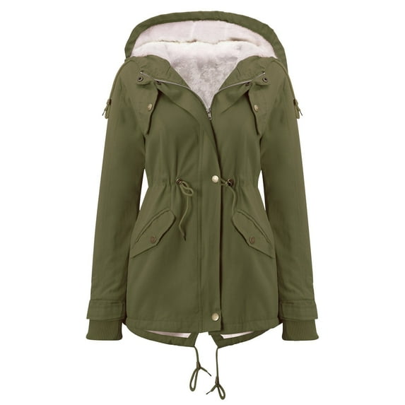 gakvbuo Faux Hooded Jacket For Women Hooded Thicken Fleece Lined Parkas Drawstring Waist Plus Size Coats Solid Long Sleeve Winter Outdoor Zip Up Jackets With Pockets
