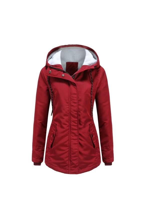 Faux Fur Hooded Jacket For Women Hooded Thicken Fleece Lined Parkas Drawstring Waist Plus Size Coats Solid Long Sleeve Winter Outdoor Zip Up Jackets With Pockets