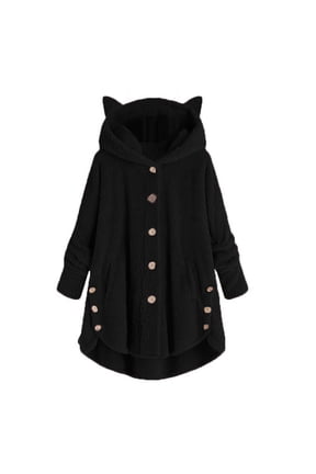 Fleece Jacket For Women Cat Hoodie With Ears&Button Down Cardigan Pullover Hoodie Fleece Hooded Sweatshirt Cat Ear Irregular Solid Long Sleeve Warm Winter Oversized Outwear With Pocket