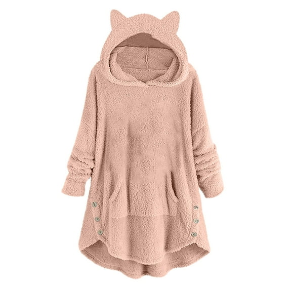gakvbuo Fleece Jacket For Women Cat Hoodie With Ears&Button Down Pullover Hoodie Fleece Hooded Sweatshirt Cat Ear Irregular Solid Long Sleeve Warm Winter Oversized Outwear With Pocket