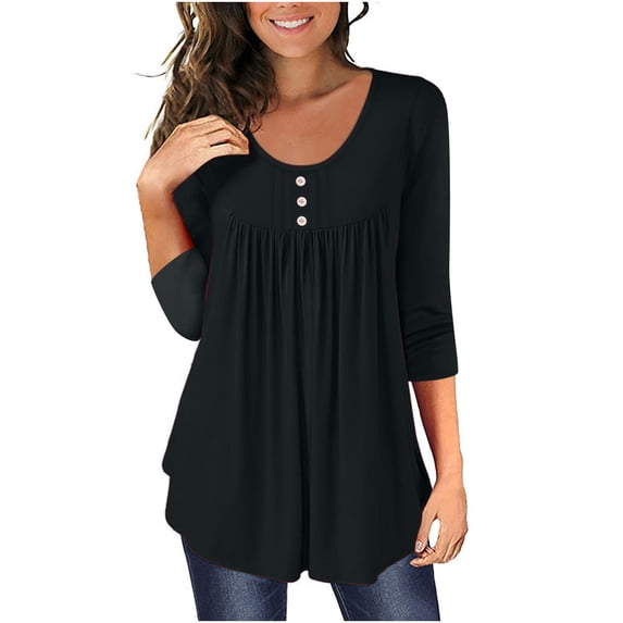 gakvbuo Henley Shirts For Women Summer Tops 3/4 Sleeve Pleated Flowy Tunics Tops Ribbed Casual Solid Scoop Neck Button Down T-Shirts