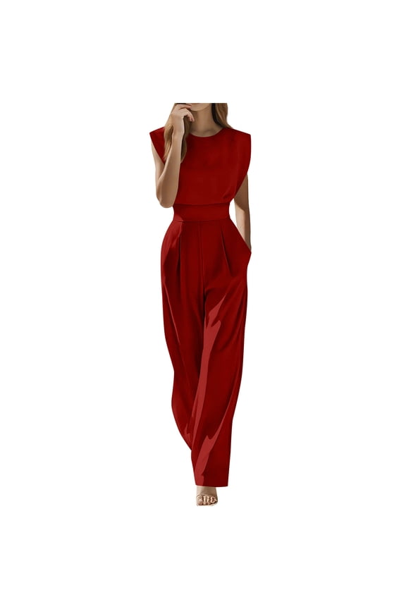 High Waist Wide Leg Jumpsuits with Pockets for Women Dressy crew Neck Sleeveless pleats tunic business jumpsuit straight leg Long Pants Rompers