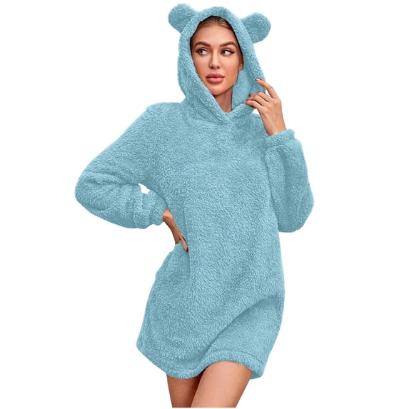 gakvbuo Hooded Sweatshirts Dress For Women V Neck Warm Long Sleeve Mini Sweater Dress Pajamas Outdoor Street Daily Casual Sleepwear