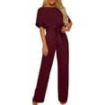 thumbnail image 1 of gakvbuo Jumpsuit With Belt For Women Dressy High Belted Waist Wide Leg Pants Party Clubwear Loose Short Sleeve Crew Neck One Piece Romper Jumpsuit Casual Business Outfits, 1 of 7