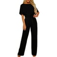 thumbnail image 1 of gakvbuo Jumpsuit With Belt For Women Dressy High Belted Waist Wide Leg Pants Party Clubwear Loose Short Sleeve Crew Neck One Piece Romper Jumpsuit Casual Business Outfits, 1 of 7
