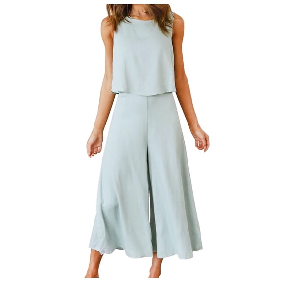 gakvbuo Jumpsuits For Women Summer Dressy 2 Piece Vacation Outfits Round Neck Crop Basic Top Cropped Wide Leg Pants Set Jumpsuits