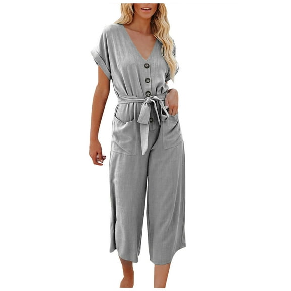 gakvbuo Jumpsuits For Women Summmer Dressy Wedding Fashion Women's Casual Solid Color Short Sleeve Pocket Lace Up Loose Rompers Jumpsuit
