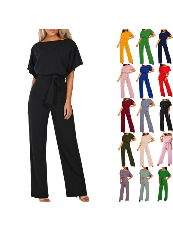 Jumpsuits For Women Summmer Dressy Wedding Women Short Sleeve Playsuit Clubwear Straight Leg Jumpsuit With Belt