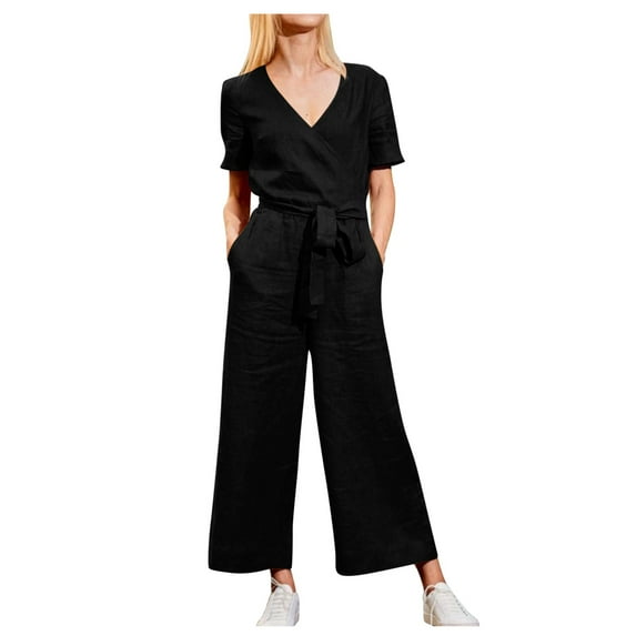gakvbuo Jumpsuits For Women Summmer Dressy Wedding Women Solid Pocket Romper Short Sleeve V-neck Belt Loose Overalls Jumpsuit