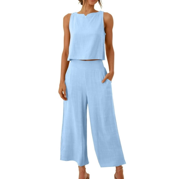 gakvbuo Two Piece Outfit Sets For Women Tracksuits Crew Neck Sleeveless Crop Tank Top High Waisted Wide Leg Pants Plus Size Summmer Jogger Loungewear with Pockets