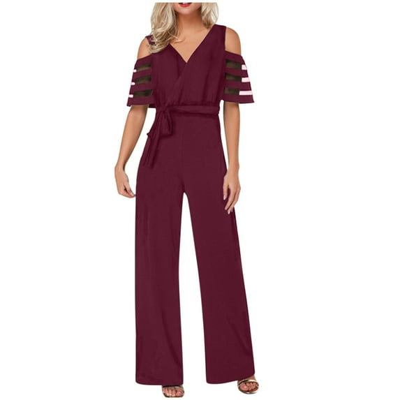 gakvbuo Jumpsuits For Women Summmer Dressy Wedding Women's Fashion Casual Solid Color Mesh Short Sleeve Wide Leg Trousers Jumpsuit