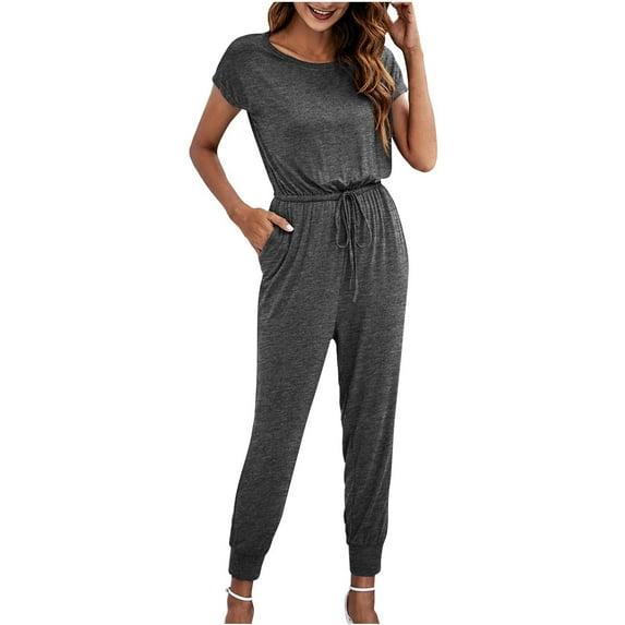 gakvbuo Jumpsuits For Women Summmer Dressy Wedding Women's Jumpsuit Solid Color Round Neck Short-sleeved Trousers With Pockets Jumpsuit