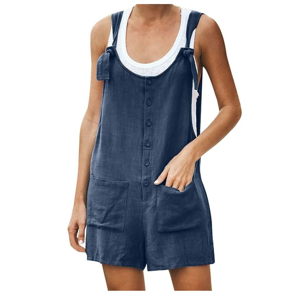 gakvbuo Jumpsuits For Women Summmer Dressy Wedding Women's Summer Button Cotton And Pocket Suspender Shorts Jumpsuit Strap Pants