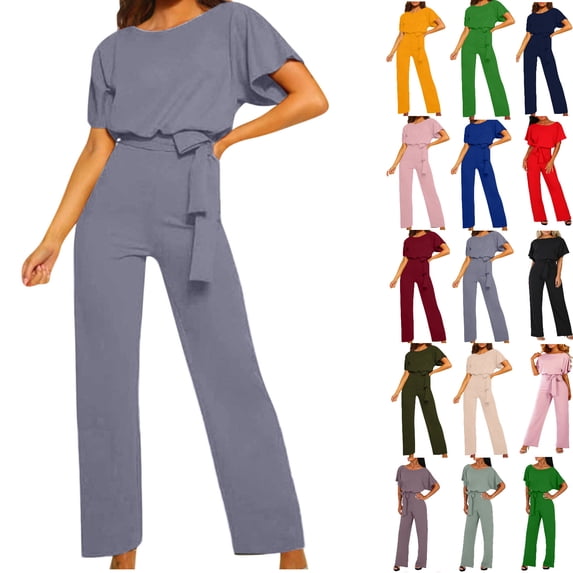 gakvbuo Jumpsuits For Women Summmer Dressy Wedding Women's Summer Short Sleeve Comfortable Casual Suspender Solid Jumpsuit
