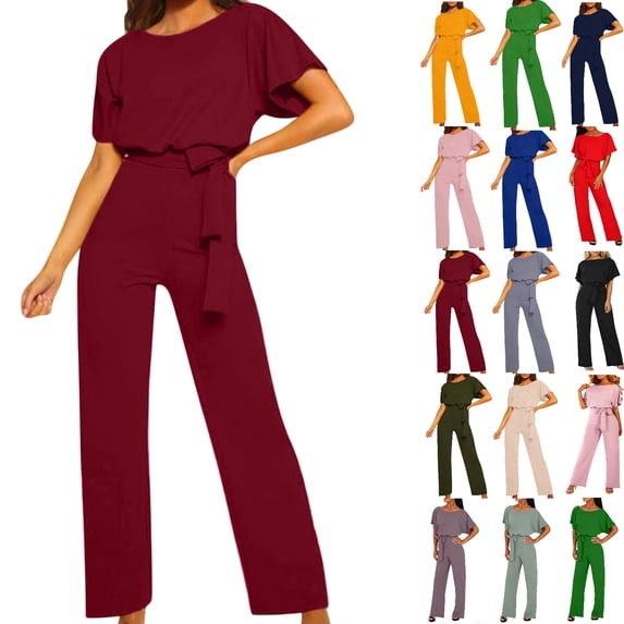 gakvbuo Jumpsuits For Women Summmer Dressy Wedding Women's Summer Short Sleeve Comfortable Casual Suspender Solid Jumpsuit