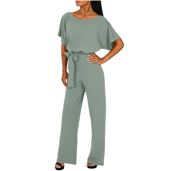 gakvbuo Jumpsuits For Women Summmer Dressy Wedding Women's Summer Short Sleeve Comfortable Casual Suspender Solid Jumpsuit