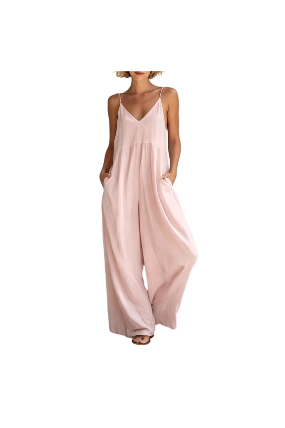 Summer Jumpsuits For Women Casual Dressy Wedding Camis Sleeveless Suspender Romper Solid Color Spaghetti Strap V-Neck Wide-Leg Pants