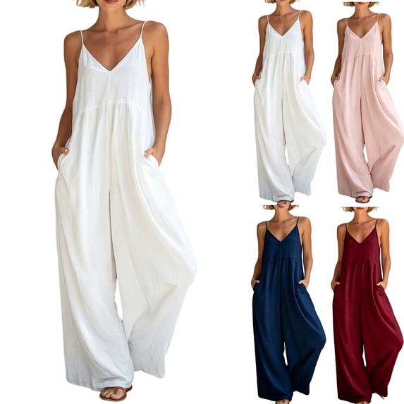 gakvbuo Summer Jumpsuits For Women Casual Dressy Wedding Camis Sleeveless Suspender Romper Solid Color Spaghetti Strap V-Neck Wide-Leg Pants