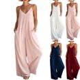 thumbnail image 1 of gakvbuo Summer Jumpsuits For Women Casual Dressy Wedding Camis Sleeveless Suspender Romper Solid Color Spaghetti Strap V-Neck Wide-Leg Pants, 1 of 7