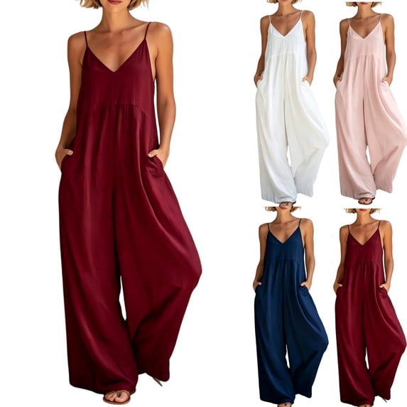gakvbuo Summer Jumpsuits For Women Casual Dressy Wedding Camis Sleeveless Suspender Romper Solid Color Spaghetti Strap V-Neck Wide-Leg Pants