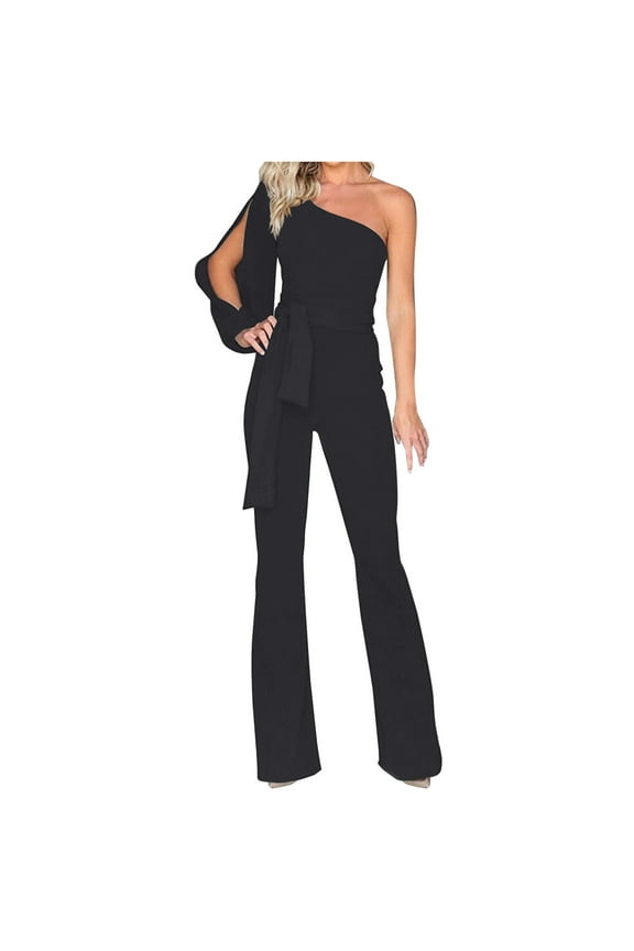Jumpsuits For Women Summmer Dressy Wedding Womens Fashion Summer Solid Casual Long Sleeve One Shoulder Bandage Suspender Jumpsuit