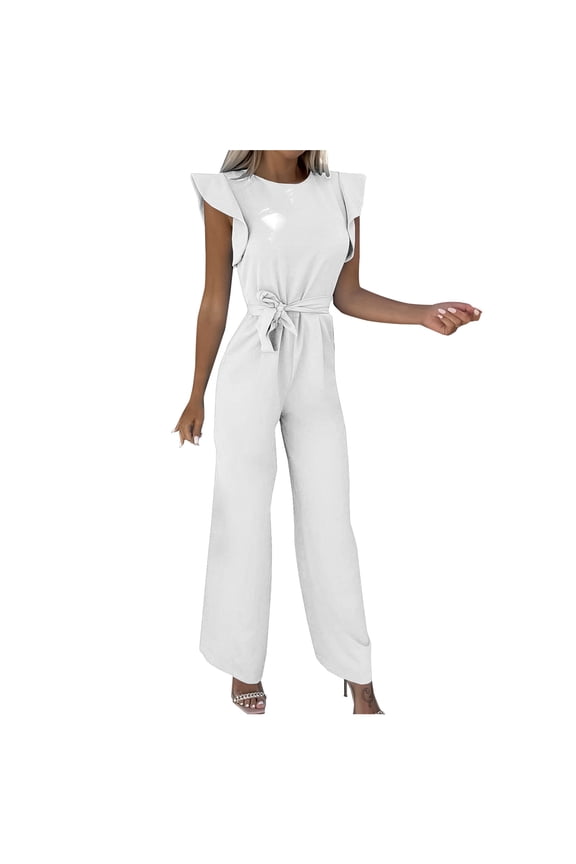 Jumpsuits For Women Summmer Dressy Wedding Womens Fashion Summer Solid Casual Ruffle Short Sleeve Suspender Jumpsuit
