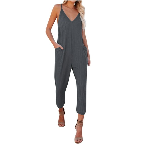 gakvbuo Jumpsuits For Women Summmer Dressy Wedding Womens Fashion Summer Solid Pocket Casual Sleeveless Suspender Jumpsuit