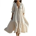 thumbnail image 1 of gakvbuo Linen Dresses For Women 3/4 Sleeves Roll Up Drawstring Front Pull Rope V Neck Tunic Dress Flowy A Line Maxi Dress Long Beach Dress, 1 of 6