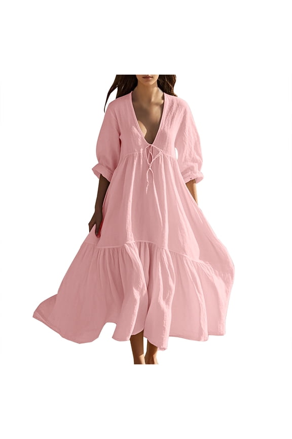 Linen Dresses For Women 3/4 Sleeves Roll Up Drawstring Front Pull Rope V Neck Tunic Dress Flowy A Line Maxi Dress Long Beach Dress