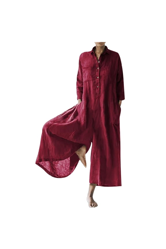 Linen Jumpsuits For Women Summer Button Down Rompers Casual Short Sleeve Overalls V Neck Loose Flowy Soft Cute Bodysuit Rompers With Pocket