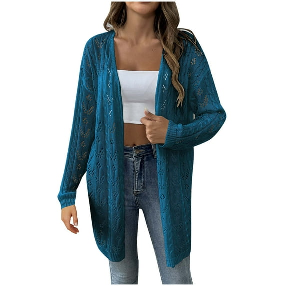 gakvbuo Long Cardigan Sweaters For Women Women Casual Hollow Out Solid Color Buttonless Jacket Cardigan Tops