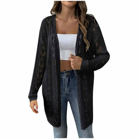 gakvbuo Long Cardigan Sweaters For Women Women Casual Hollow Out Solid Color Buttonless Jacket Cardigan Tops