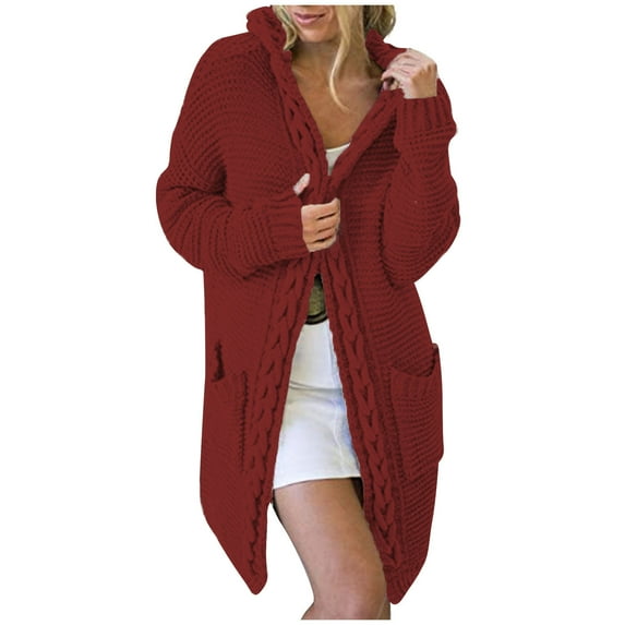 gakvbuo Long Cardigan Sweaters For Women Women'S Casual Solid Outfits Chunky Knit Open Front Hooded Sweaters Long Sleeve Cardigan Outerwear Coats With Pocket