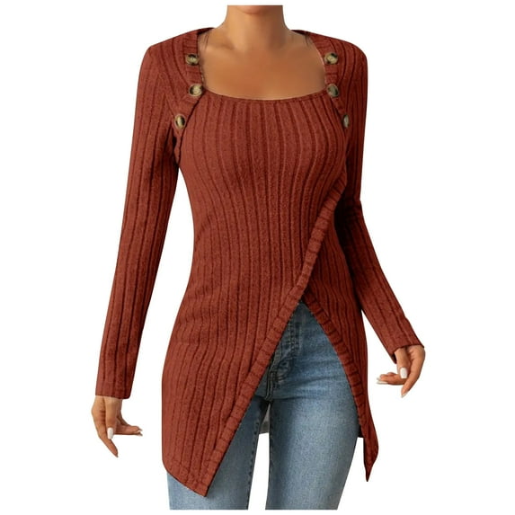 gakvbuo Long Pullover Sweaters For Women To Wear With Leggings Loose Fit Button Square Neck Irregular Ribbed Knit High Split Hem Top