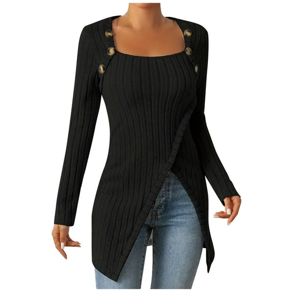 gakvbuo Long Pullover Sweaters For Women To Wear With Leggings Loose Fit Button Square Neck Irregular Ribbed Knit High Split Hem Top
