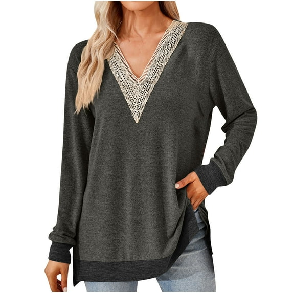 gakvbuo Long Sleeve Tunic Tops for Women Lace V-Neck Sweatshirts Women's Fashion V-Neck Contrast Split Loose Long Sleeve T-shirt