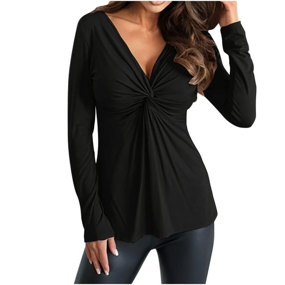 gakvbuo Long Sleeve Tunic Tops for Women V-neck Twisted Base Shirt Elegant Casual T-shirt Solid Color Long Sleeved V-neck Top/shirt