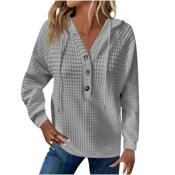 gakvbuo Long Sleeve Tunic Tops for Women Women'S Solid Color Block Clip Cotton Hooded Button Long Sleeve Hoodie Top