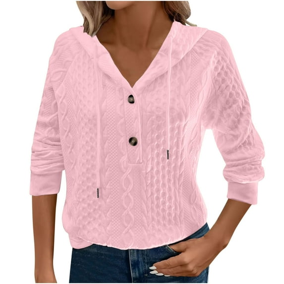 gakvbuo Long Sleeve Tunic Tops for Women Women'S Solid Color Rowan Hooded Button Loose Long-Sleeved Hoodie