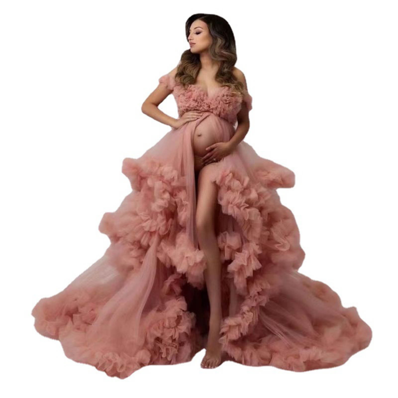Taqqpue Womens Off the Shoulder Maternity Dress for Wedding Guest Photoshot  Baby Shower, Ruffle Sleeve Flowy Long Maxi Dress Pink Wedding Guest Dresses  for Pregnant Women - Walmart.com