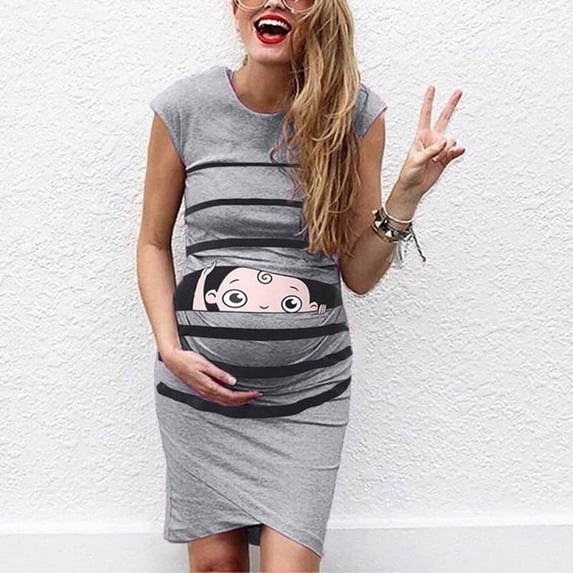gakvbuo Maternity Dress For Women Plus Size Summer Baby Shower Pregnancy Dresses For Photoshoot Maternity Clothing Women's Pregnant Dress Sleeveless Cartoon Printed Round Neck Pregnant Dress