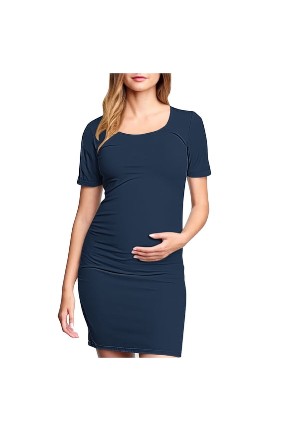 Maternity Dress For Photoshoot Womens Short Sleeve Breast-Feeding Maternity Nursing Dress Bodycon Pregnancy Scoop Neck Ruched Midi Fitted Dresses For Women 2169
