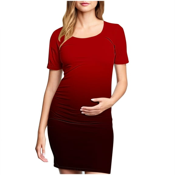 gakvbuo Maternity Dress For Photoshoot Womens Short Sleeve Breast-Feeding Maternity Nursing Dress Bodycon Pregnancy Scoop Neck Ruched Midi Fitted Dresses For Women 2238