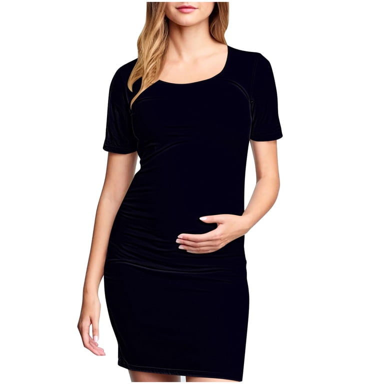 Gakvbuo Maternity Dress For Photoshoot Womens Short Sleeve Breast-Feeding Maternity Nursing Dress Bodycon Pregnancy Scoop Neck Ruched Midi Fitted