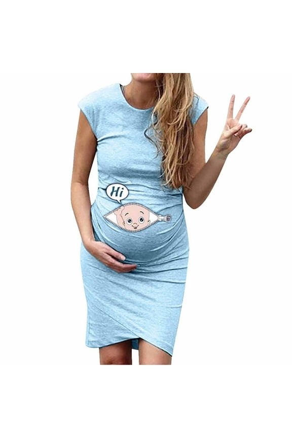 Maternity Dress For Women Plus Size Summer Baby Shower Pregnancy Dresses For Photoshoot Maternity Clothing Women's Pregnant Dress Sleeveless Cartoon Printed Round Neck Pregnant Dress