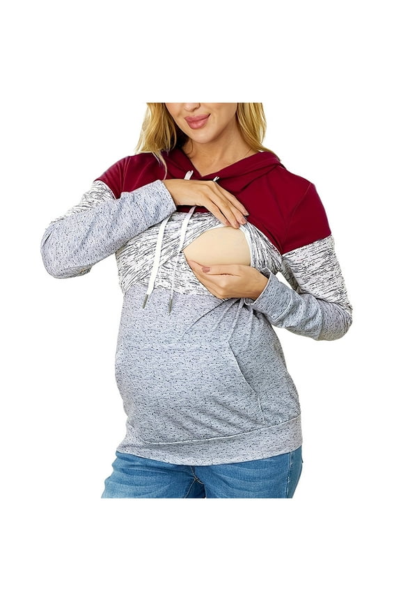 Maternity Shirt For Women Long Sleeve Crew Neck Color Block Breastfeeding Nursing Tops Pregnancy Pullover Shirt
