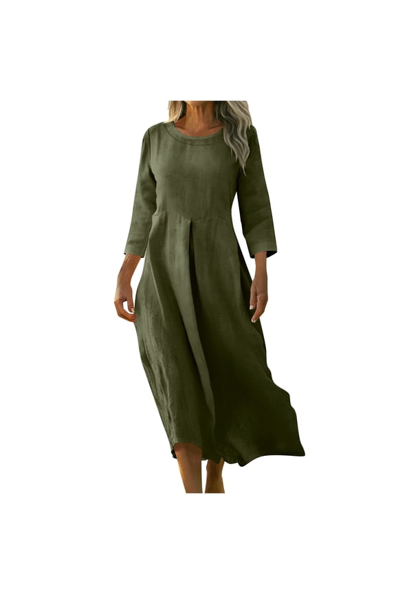 Maxi Dress For Women Long Sleeve Crew Neck Fall Tunic Dress Loose Long Dress Linen Dress With Pocket